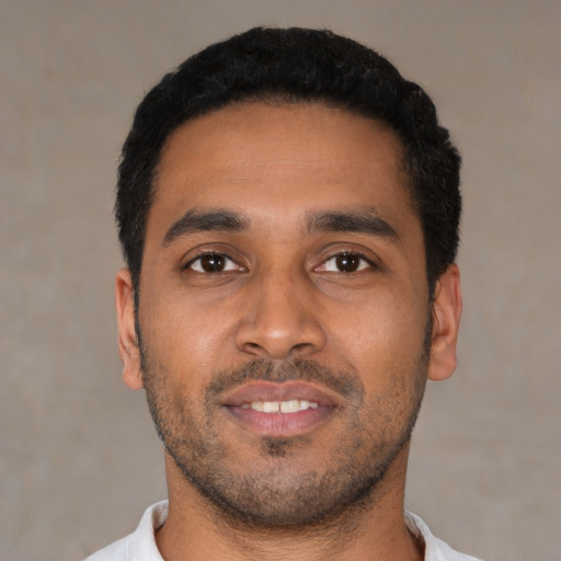 Neutral latino young-adult male with short  black hair and brown eyes