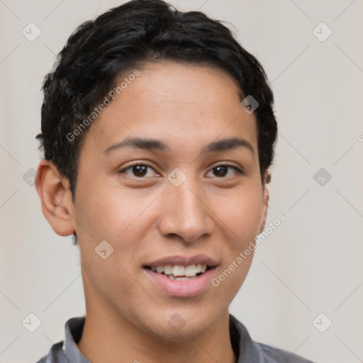 Joyful latino young-adult female with short  brown hair and brown eyes