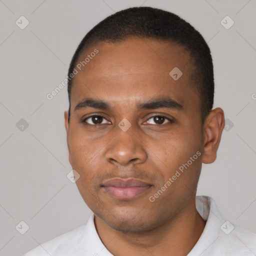 Neutral black young-adult male with short  black hair and brown eyes