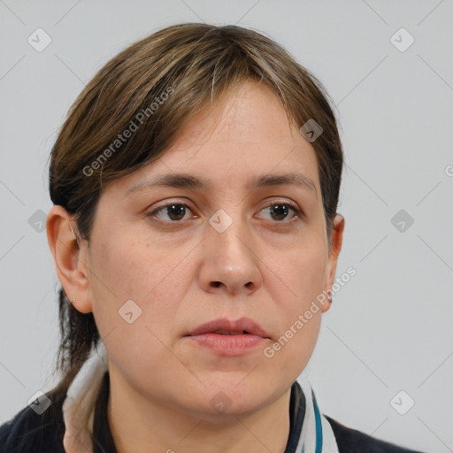 Neutral white young-adult female with medium  brown hair and brown eyes