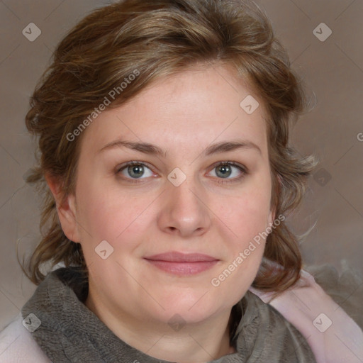 Joyful white young-adult female with medium  brown hair and blue eyes