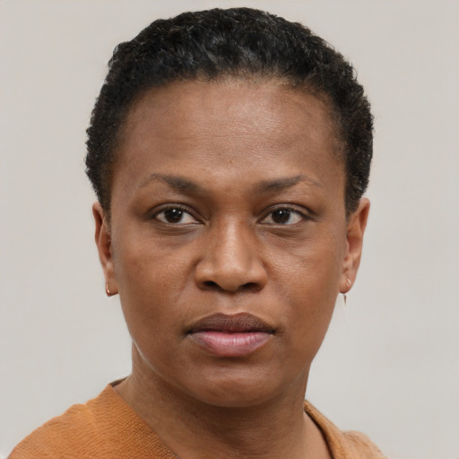 Neutral black adult female with short  brown hair and brown eyes