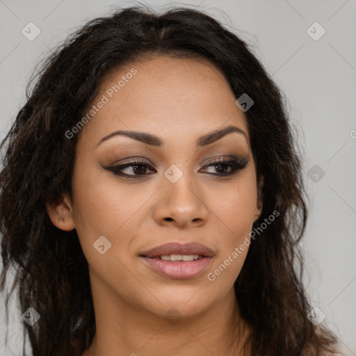 Joyful latino young-adult female with long  brown hair and brown eyes