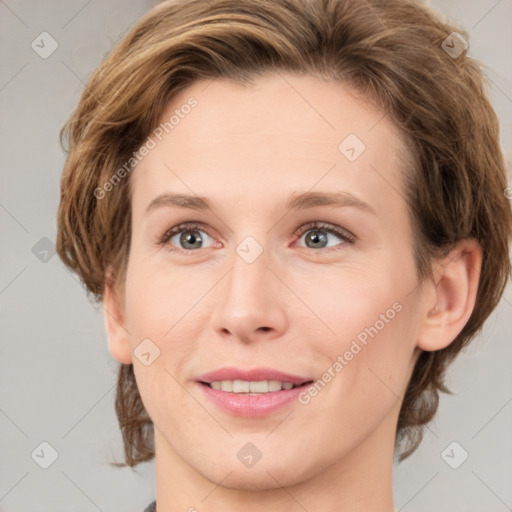 Joyful white young-adult female with medium  brown hair and green eyes