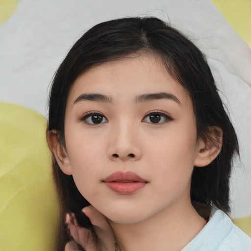 Neutral asian young-adult female with medium  black hair and brown eyes