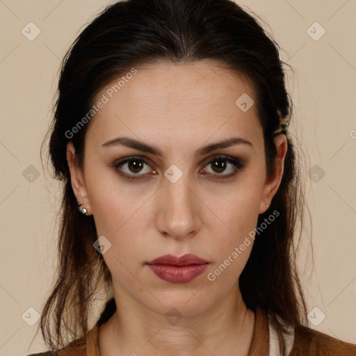 Neutral white young-adult female with long  brown hair and brown eyes