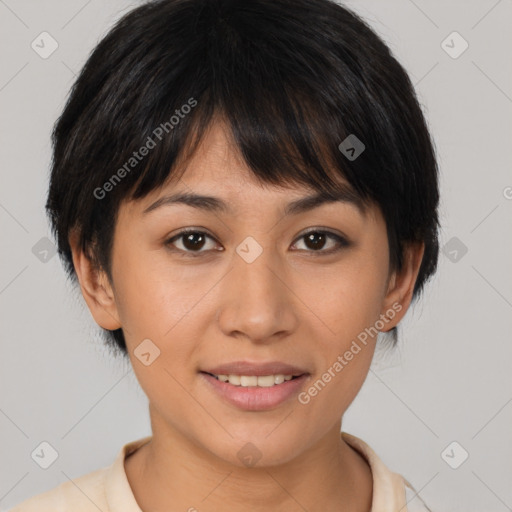 Joyful asian young-adult female with short  brown hair and brown eyes