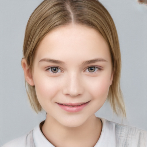 Joyful white child female with medium  brown hair and grey eyes