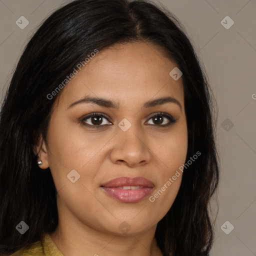 Joyful latino young-adult female with long  brown hair and brown eyes