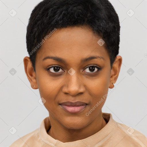 Joyful black young-adult female with short  black hair and brown eyes