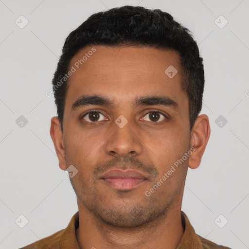 Neutral latino young-adult male with short  black hair and brown eyes