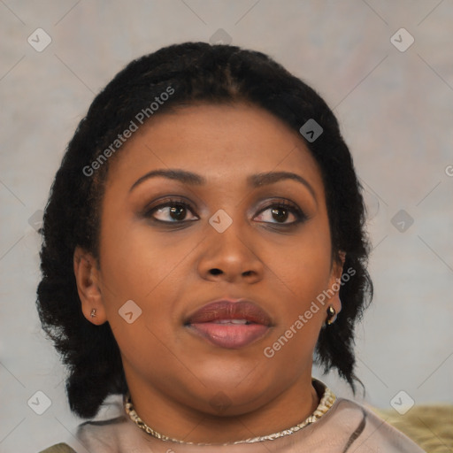 Neutral asian young-adult female with medium  black hair and brown eyes