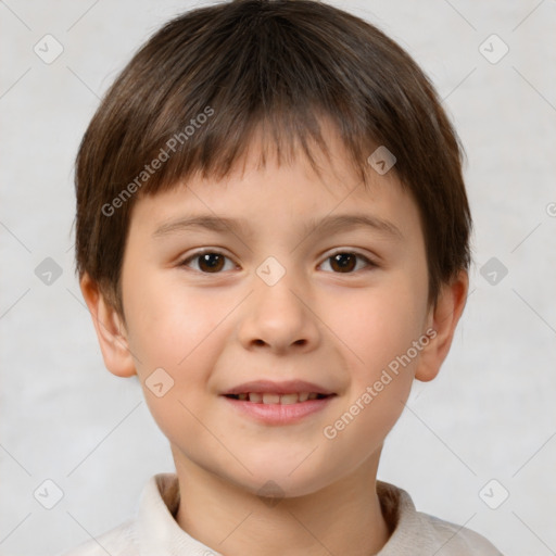 Joyful white child male with short  brown hair and brown eyes