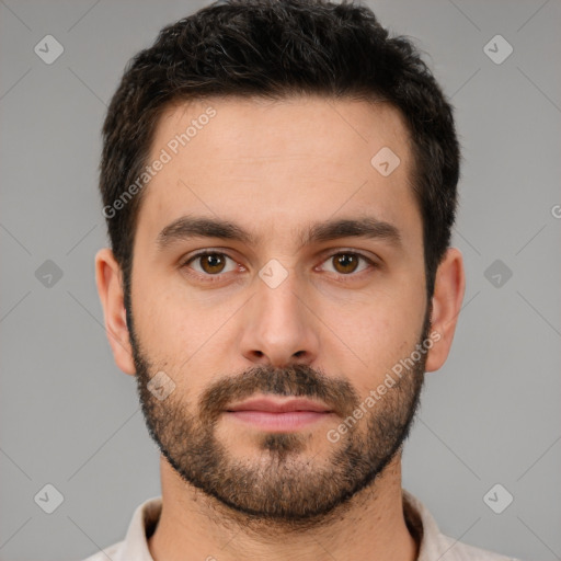 Neutral white young-adult male with short  brown hair and brown eyes