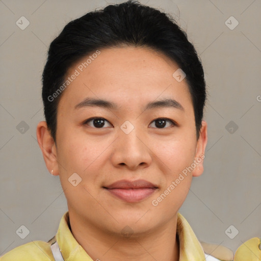 Joyful asian young-adult female with short  brown hair and brown eyes