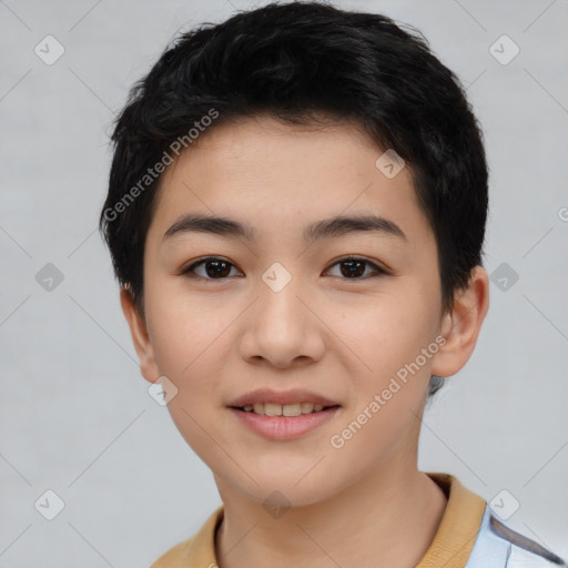 Joyful asian young-adult female with short  black hair and brown eyes
