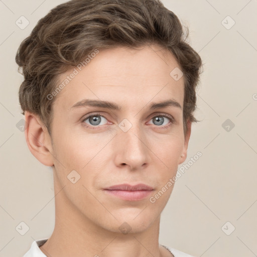 Neutral white young-adult male with short  brown hair and grey eyes