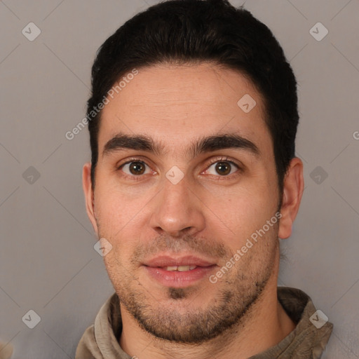 Joyful white young-adult male with short  brown hair and brown eyes