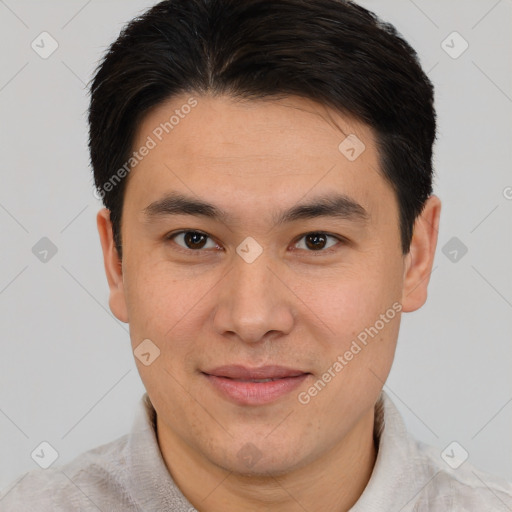 Joyful white young-adult male with short  brown hair and brown eyes