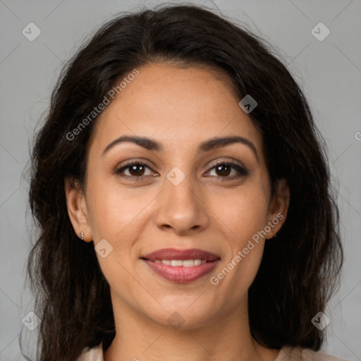 Joyful latino young-adult female with medium  brown hair and brown eyes