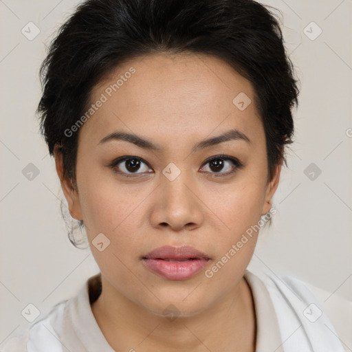 Neutral asian young-adult female with short  brown hair and brown eyes