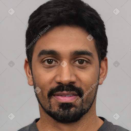Neutral latino young-adult male with short  black hair and brown eyes