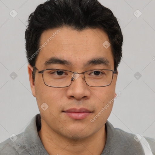 Neutral asian young-adult male with short  brown hair and brown eyes