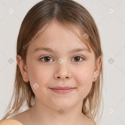 Joyful white child female with medium  brown hair and brown eyes