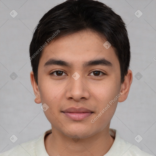 Joyful asian young-adult male with short  brown hair and brown eyes