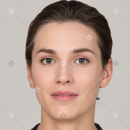 Neutral white young-adult female with short  brown hair and brown eyes