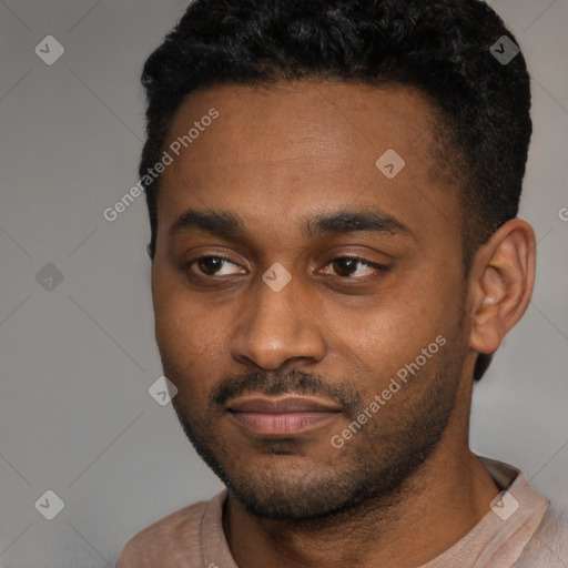 Neutral black young-adult male with short  black hair and brown eyes