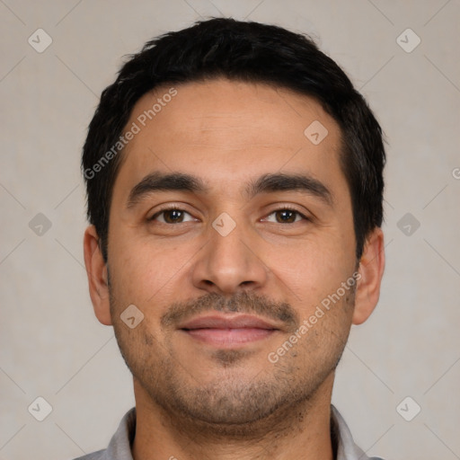 Neutral latino young-adult male with short  black hair and brown eyes