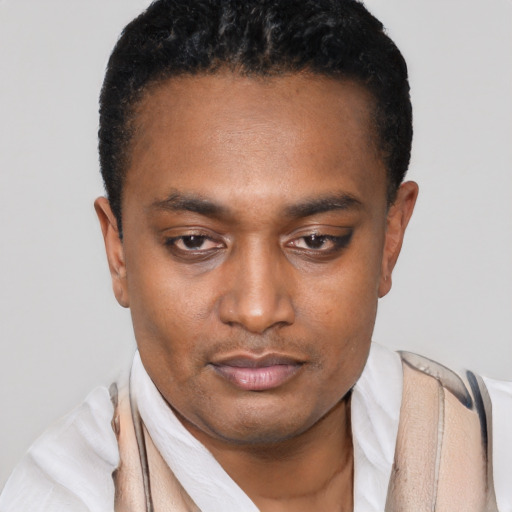 Neutral black young-adult male with short  black hair and brown eyes