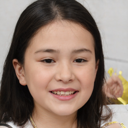 Joyful white child female with medium  brown hair and brown eyes