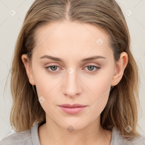 Neutral white young-adult female with medium  brown hair and grey eyes