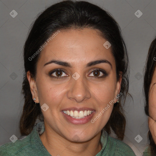 Joyful white young-adult female with medium  brown hair and brown eyes