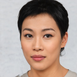 Neutral asian young-adult female with short  black hair and brown eyes