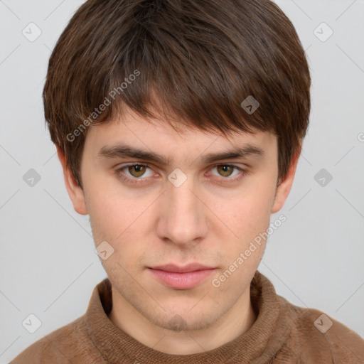 Neutral white young-adult male with short  brown hair and grey eyes