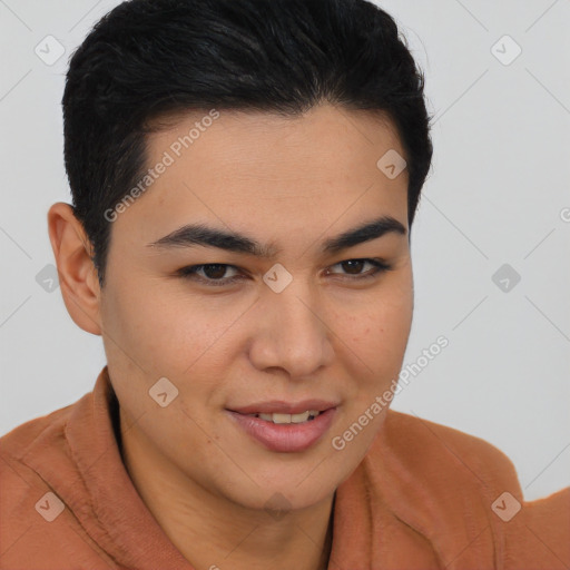 Joyful latino young-adult male with short  brown hair and brown eyes