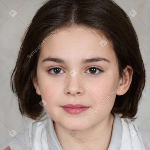 Joyful white child female with medium  brown hair and brown eyes