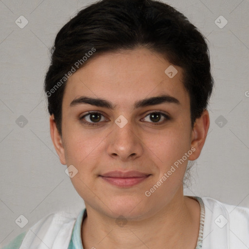 Joyful white young-adult female with short  brown hair and brown eyes