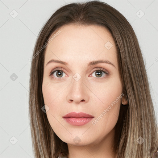 Neutral white young-adult female with long  brown hair and grey eyes