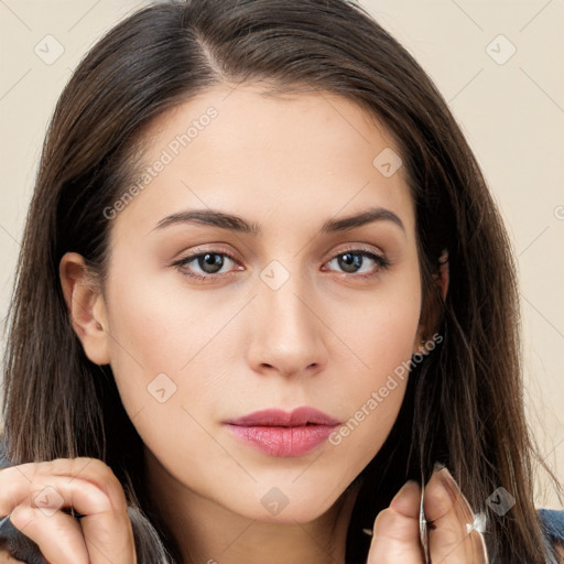 Neutral white young-adult female with long  brown hair and brown eyes