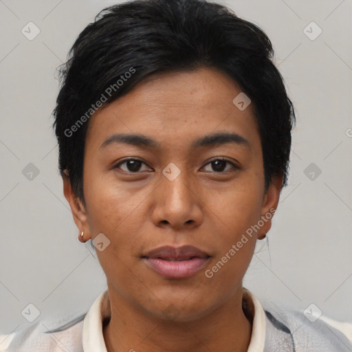 Neutral asian young-adult female with short  black hair and brown eyes