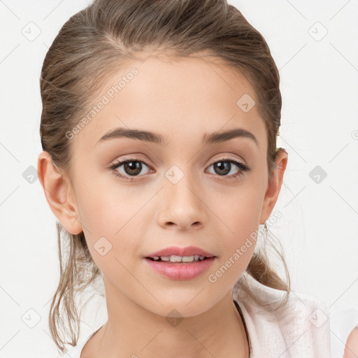 Joyful white child female with medium  brown hair and brown eyes