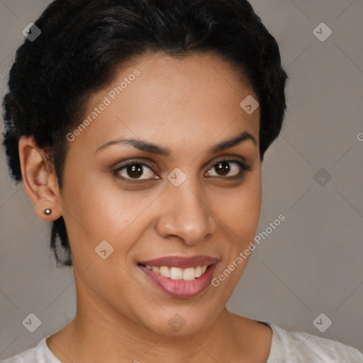 Joyful latino young-adult female with short  brown hair and brown eyes