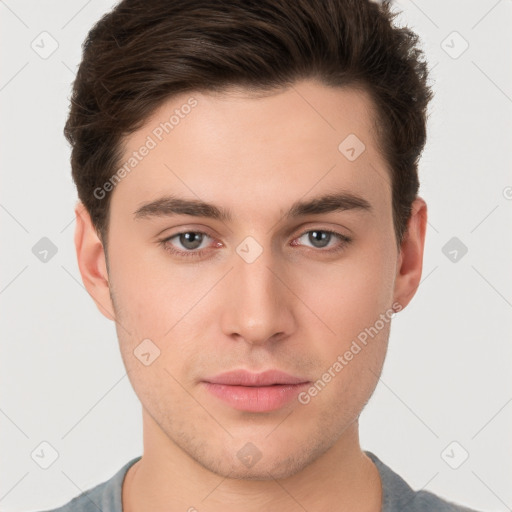 Neutral white young-adult male with short  brown hair and brown eyes