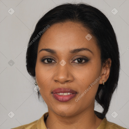 Joyful black young-adult female with medium  black hair and brown eyes