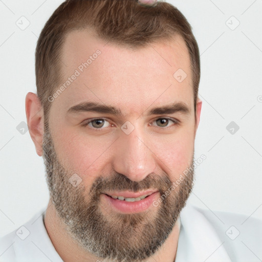 Joyful white young-adult male with short  brown hair and brown eyes