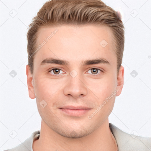 Neutral white young-adult male with short  brown hair and brown eyes